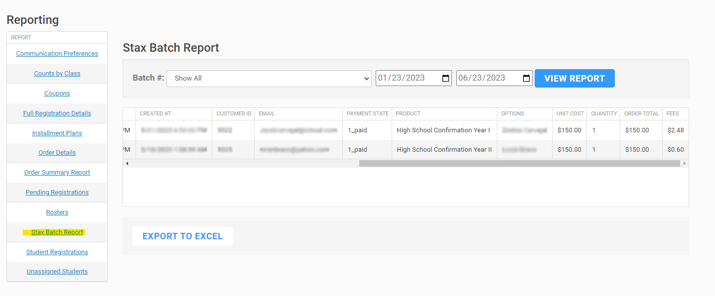 screenshot of batch transaction report